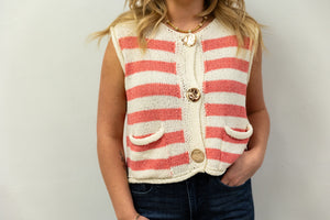 Coastal Stripe Knit Sweater Vest - Coral