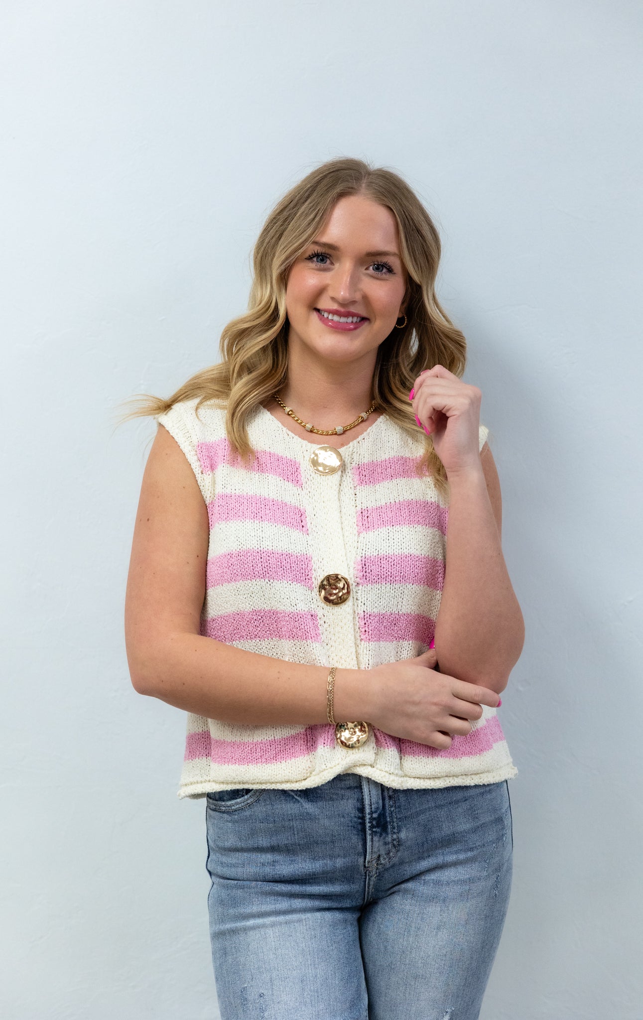 Coastal Stripe Knit Sweater Vest - Pink