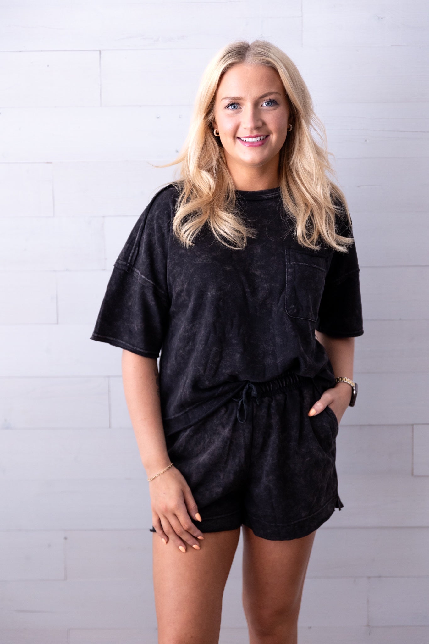 Black Mineral Wash Comfy Short with Pockets