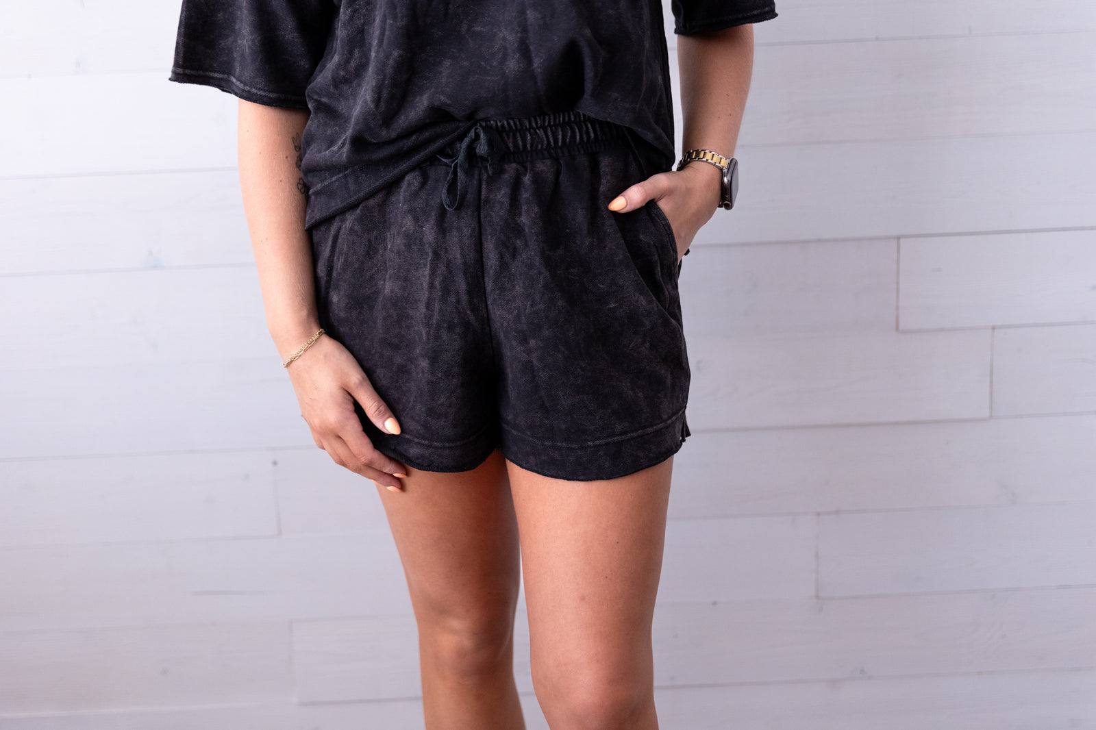 Black Mineral Wash Comfy Short with Pockets