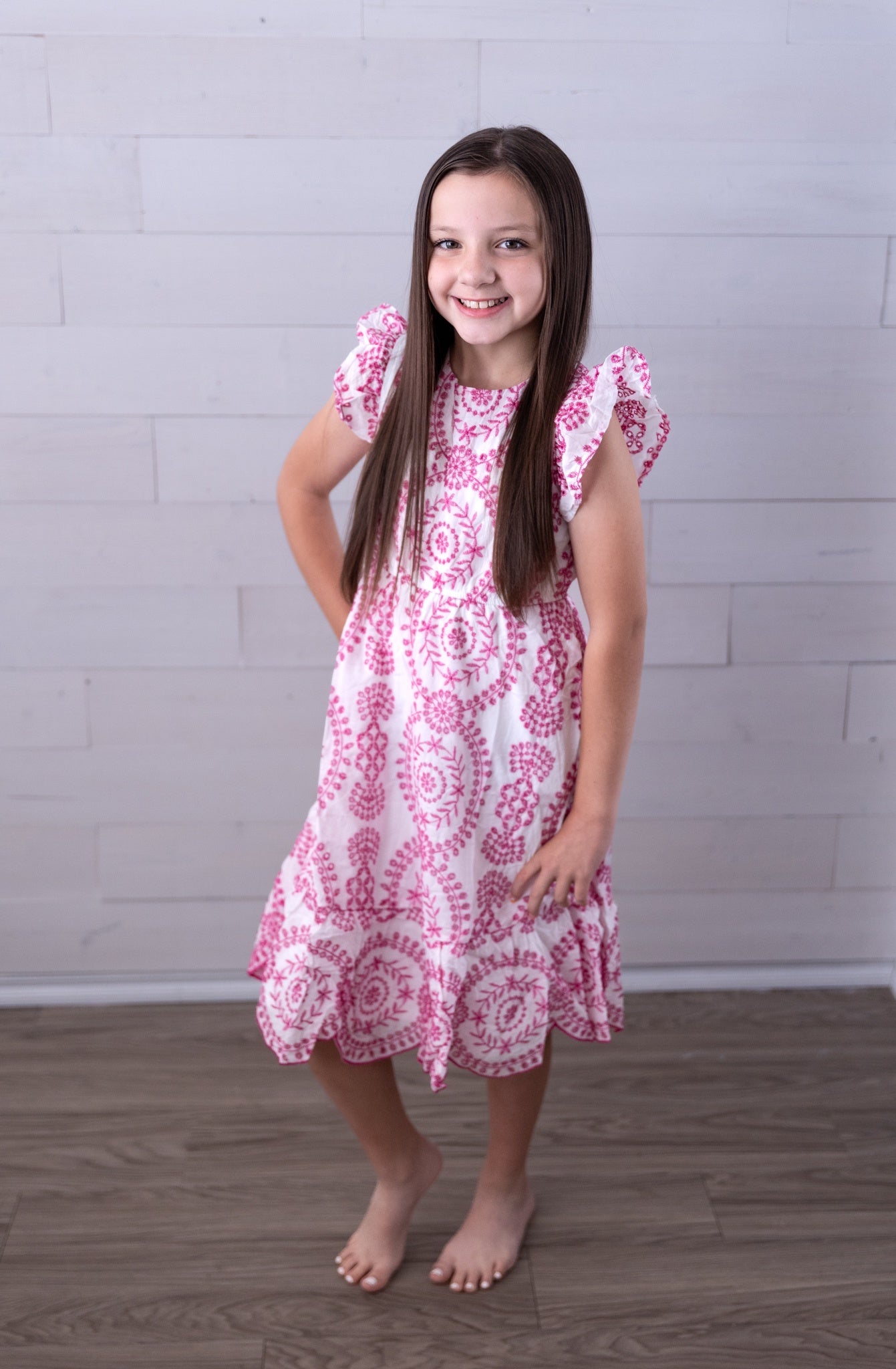 Girls Pink and White Eyelet Dress w/ Pockets