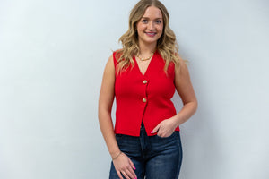 Red Sleeveless Gold Button Down Sweater Vest