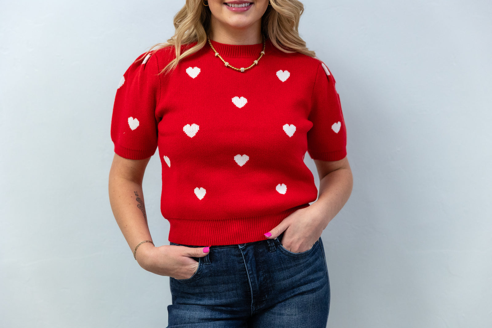 Red Heart Short Sleeve Sweater Top