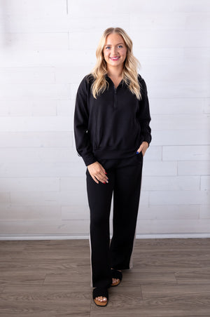 Modal Poly Span Quarter Zip Pullover Black and Cream