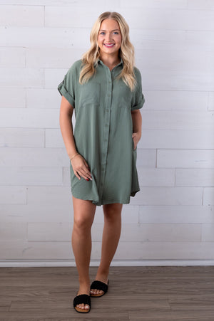 Drop Shoulder Button Up Dress Side Pockets Olive