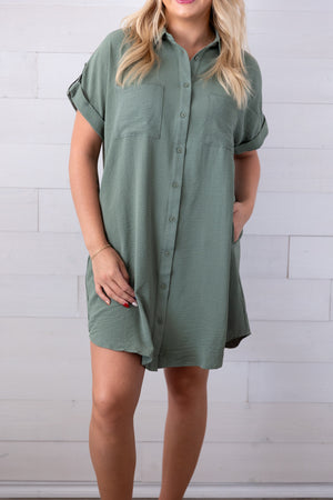 Drop Shoulder Button Up Dress Side Pockets Olive
