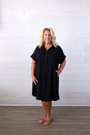 Drop Shoulder Button Up Dress Black