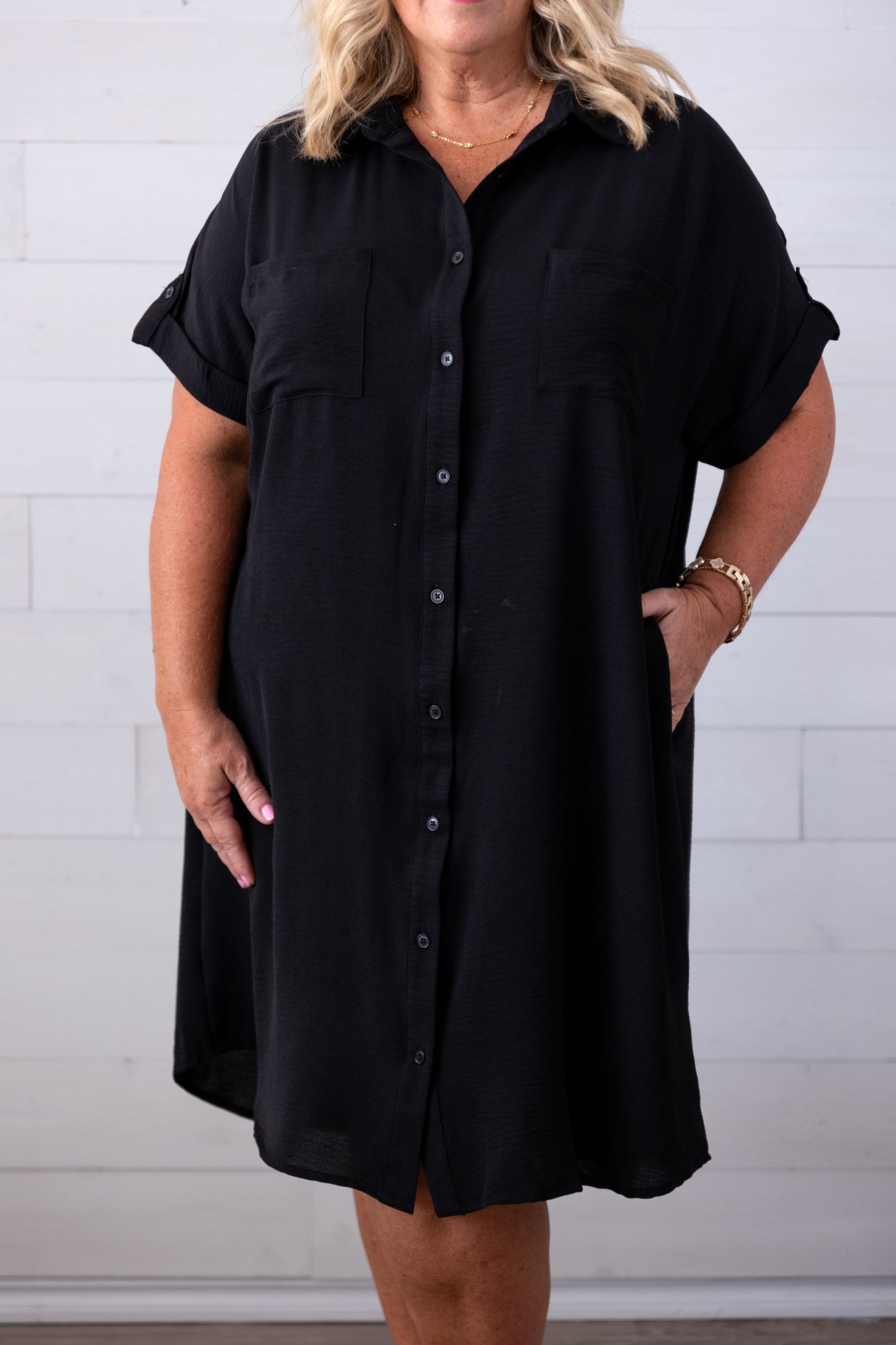 Drop Shoulder Button Up Dress Black