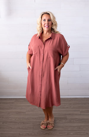 Drop Shoulder Button Up  Dress Side Pockets Cinnamon
