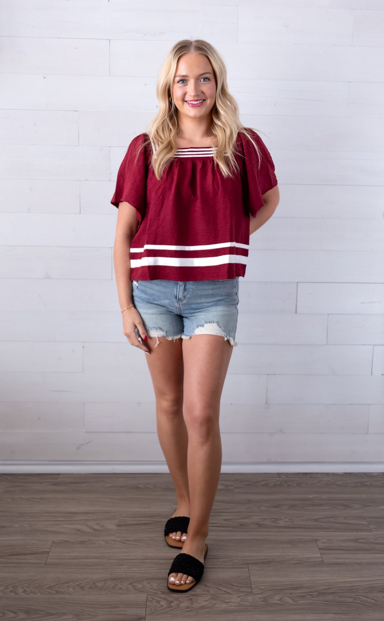 Game Day Flare SS Square Neck Top Garnett