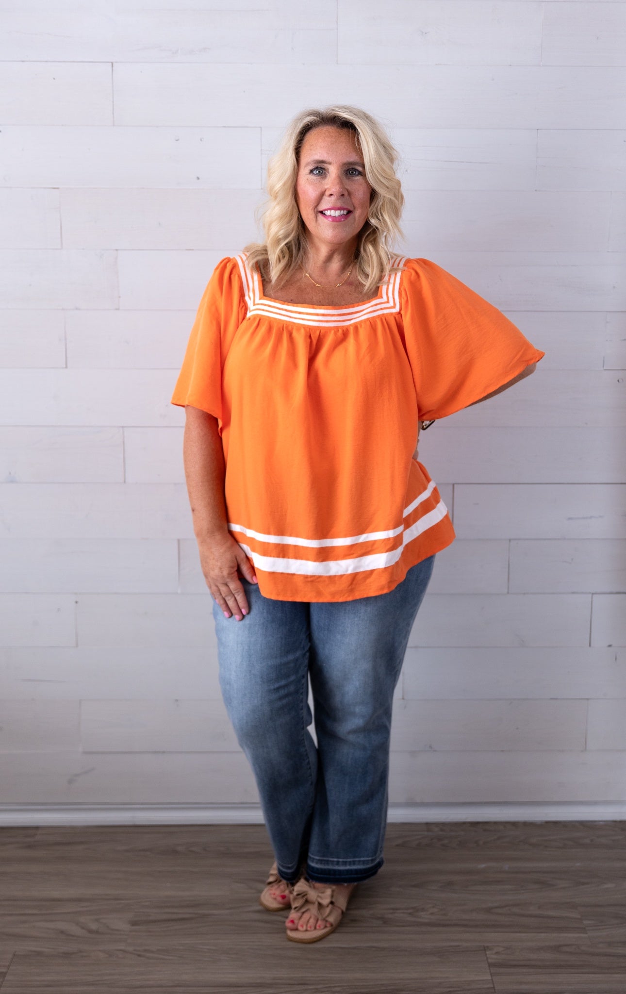 Game Day Flare SS Square Neck Top Orange