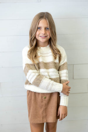 Girl's Beige/Off White Striped Knitted Sweater