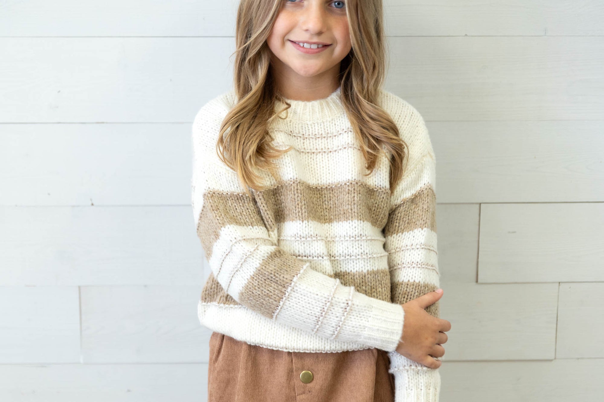 Girl's Beige/Off White Striped Knitted Sweater