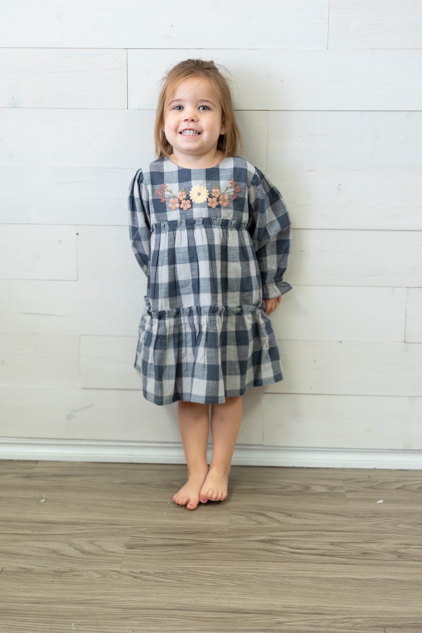 Eloise Navy LS Buffalo Check Dress