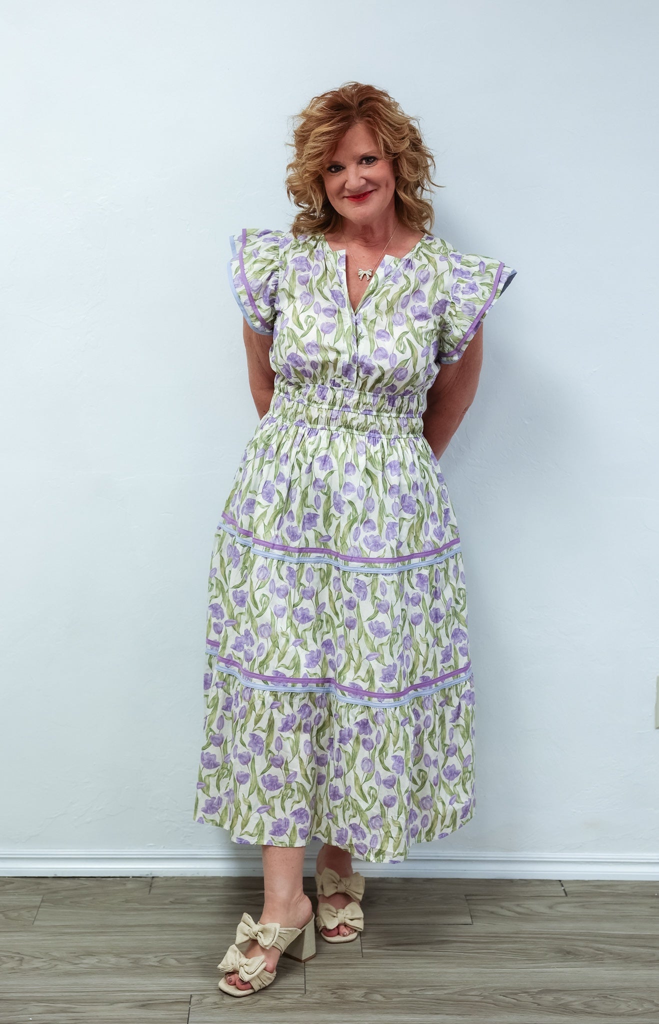 Lilac Floral Flutter Sleeve Tiered Midi Dress