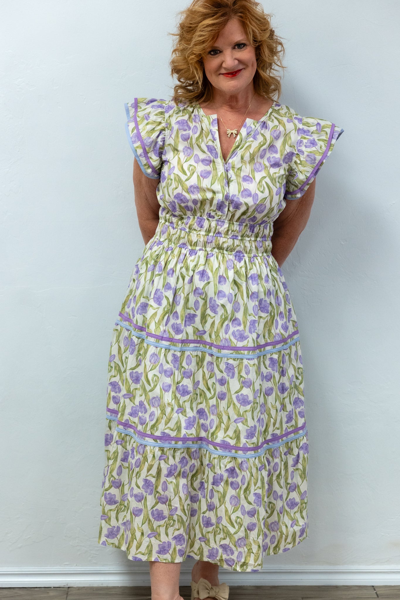 Lilac Floral Flutter Sleeve Tiered Midi Dress