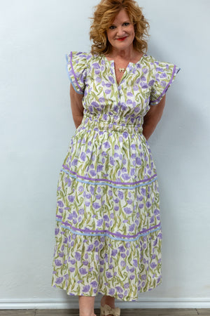 Lilac Floral Flutter Sleeve Tiered Midi Dress