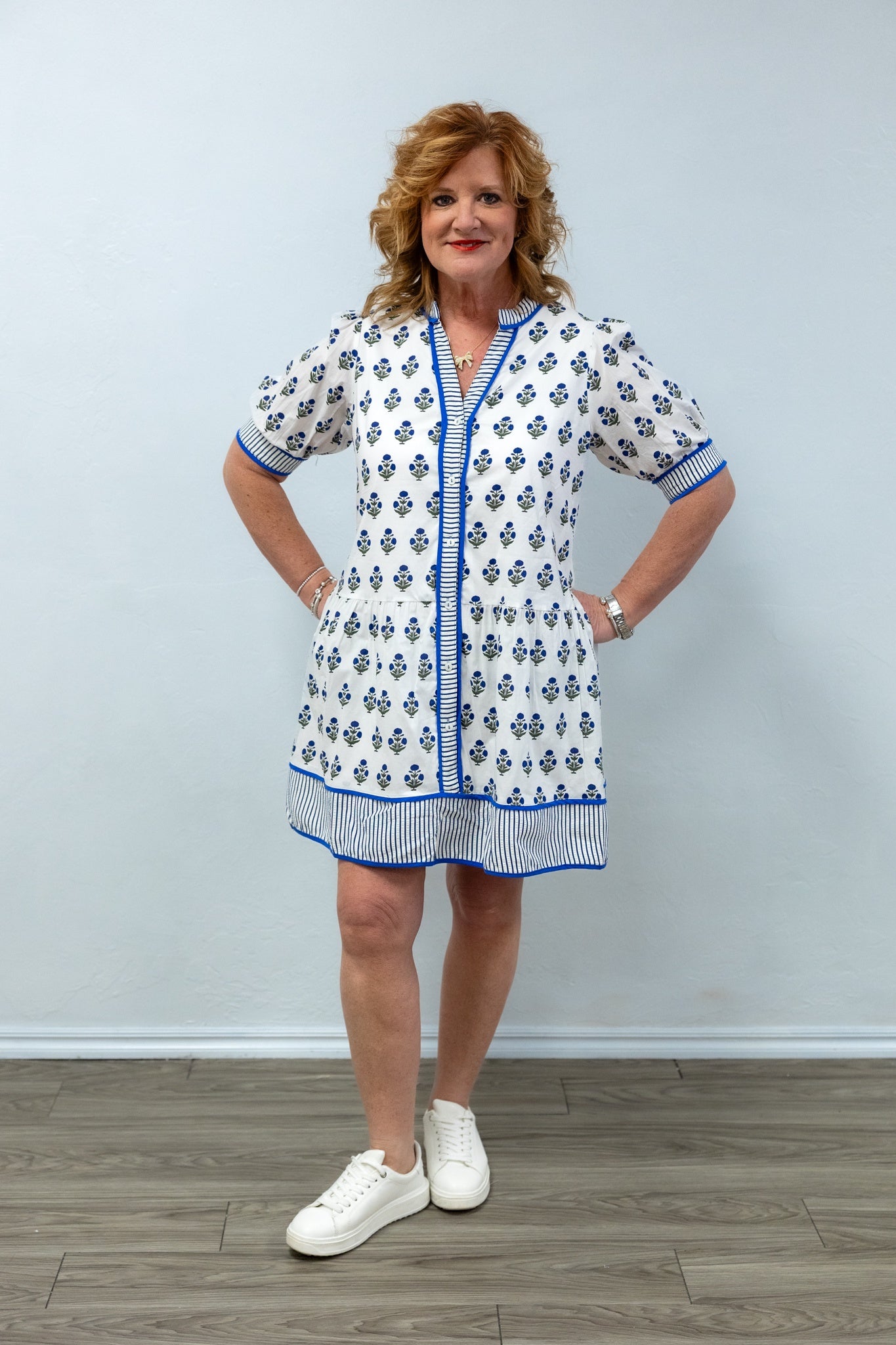 Blue Floral Contrast Trim Dress