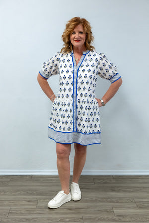 Blue Floral Contrast Trim Dress