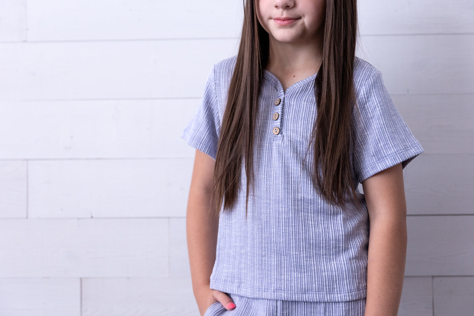 Girls Ribbed SS Button Front Top