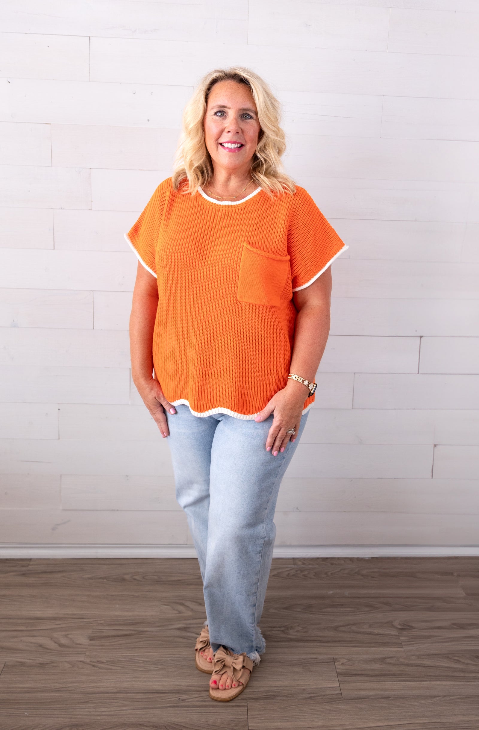 Drop Shoulder Short Sleeve Scallop Hem Sweater Orange