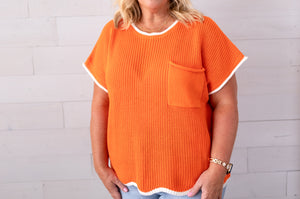 Drop Shoulder Short Sleeve Scallop Hem Sweater Orange
