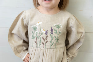 Felicity LS  Beige Linen Dress with Bodice Embroidery