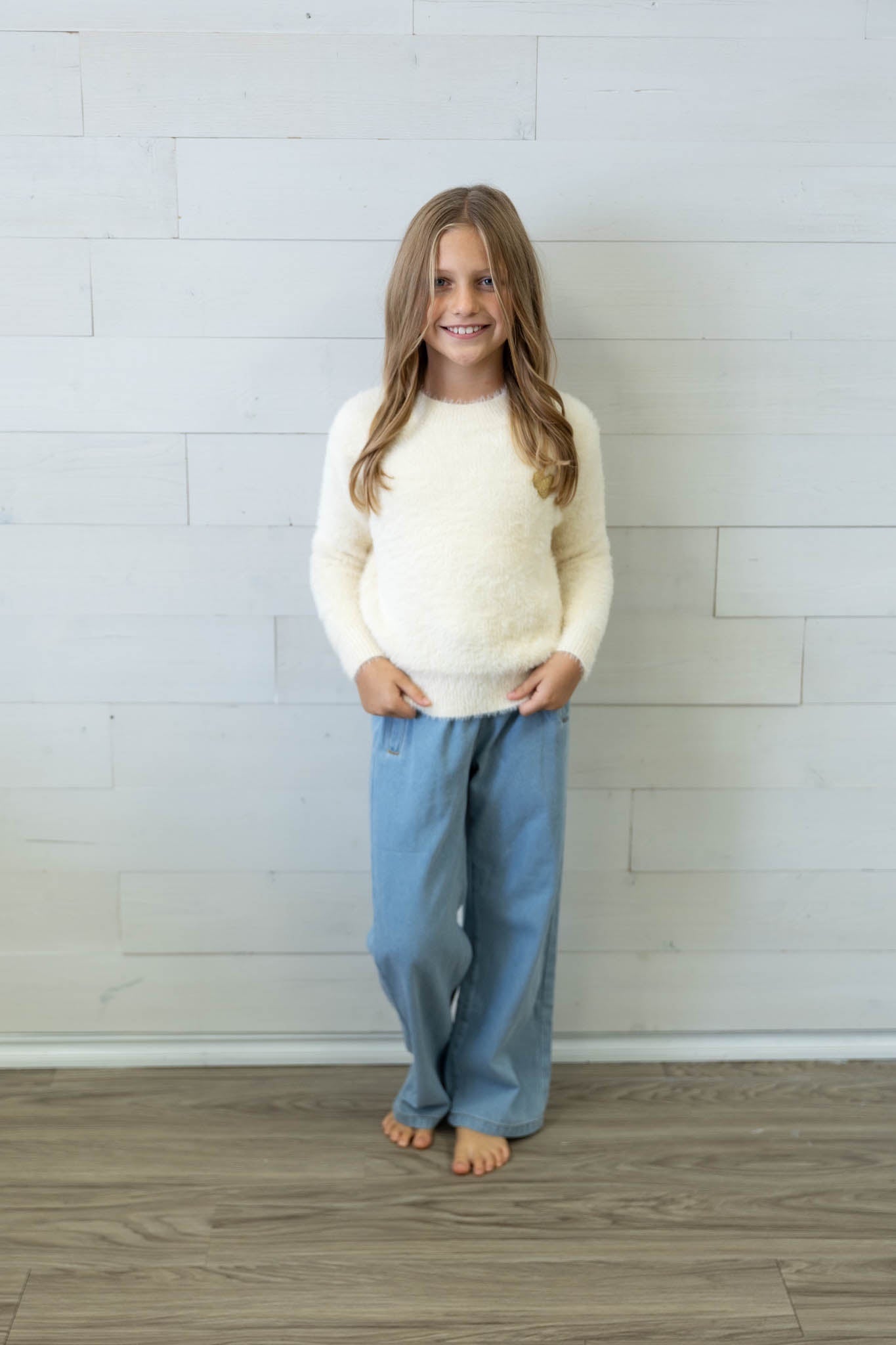 Girls Elastic Waist Pocket Denim Jeans