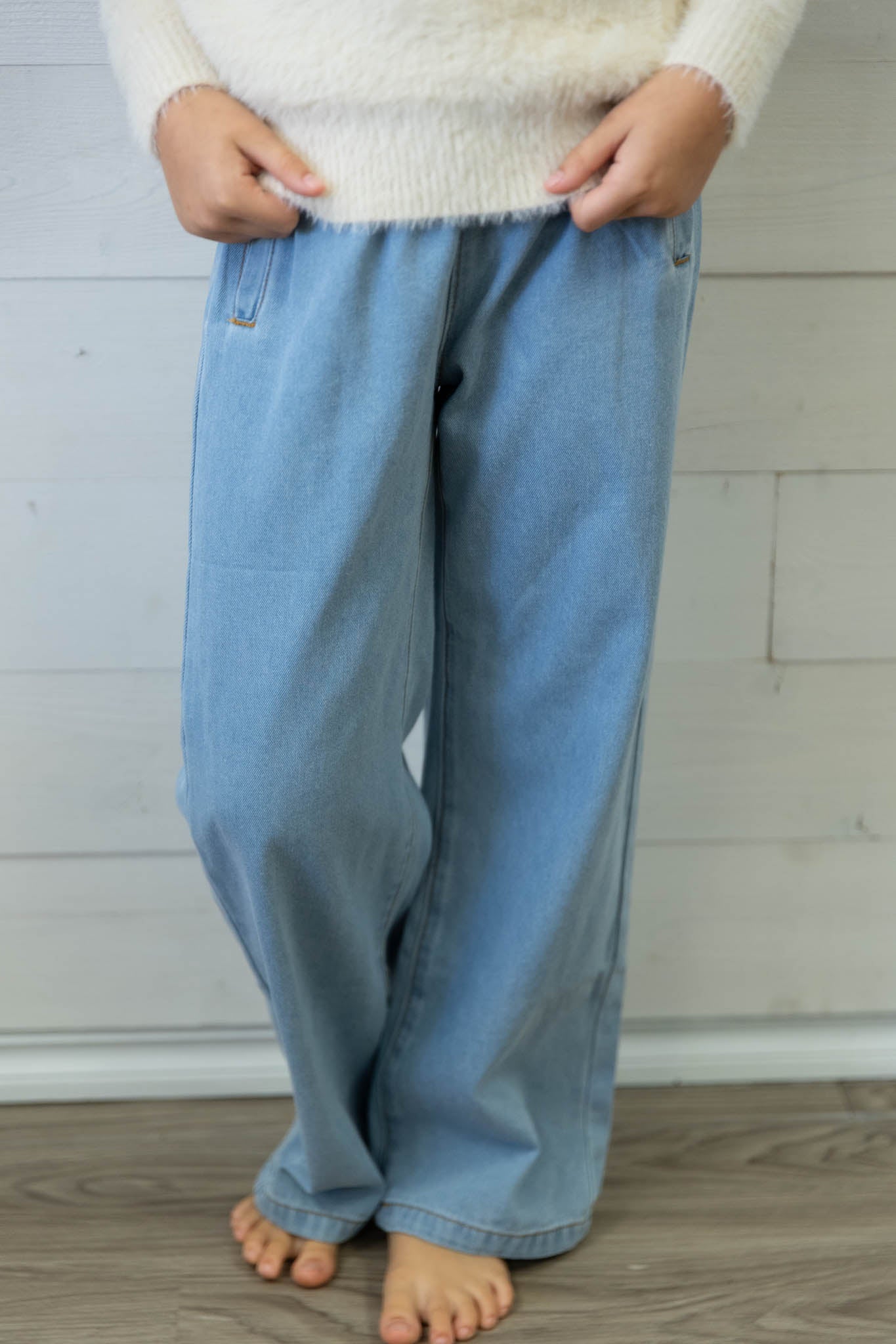 Girls Elastic Waist Pocket Denim Jeans