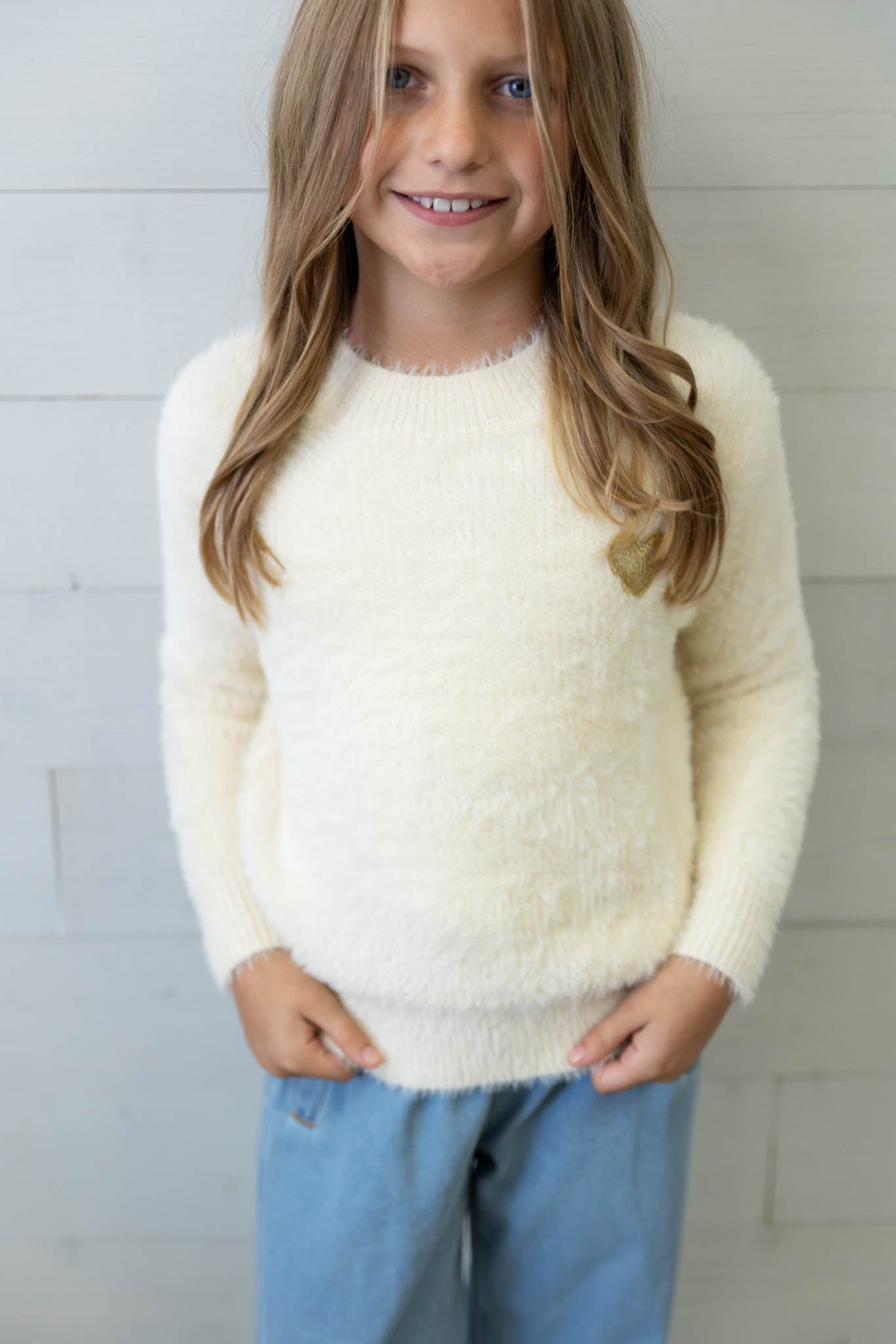 Girl's Off White Fluffy Sweater