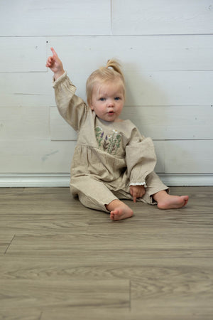 Felicity LS  Beige Linen Romper with Bodice Embroidery