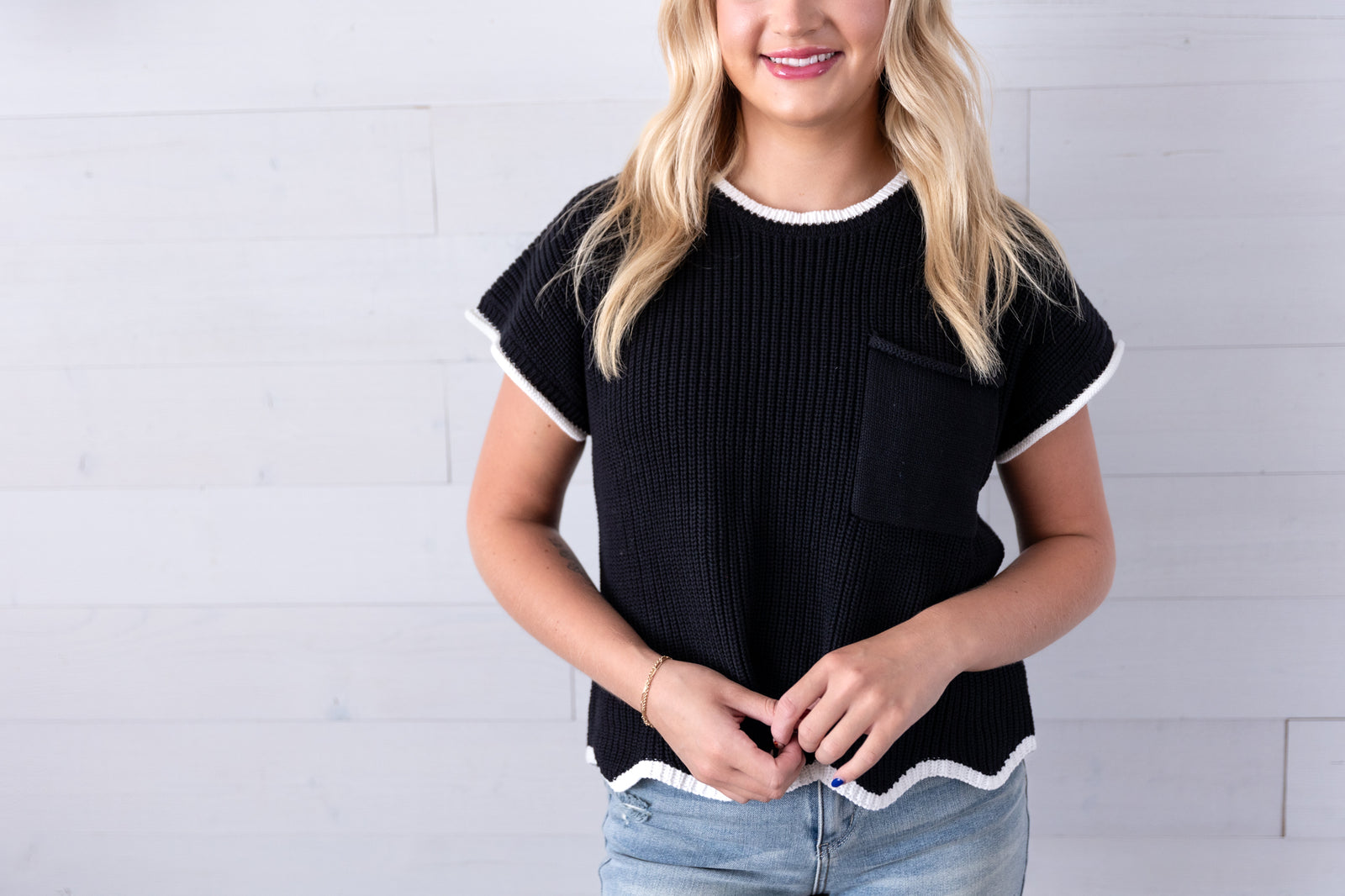 Drop Shoulder Short Sleeve Scallop Hem Sweater Black