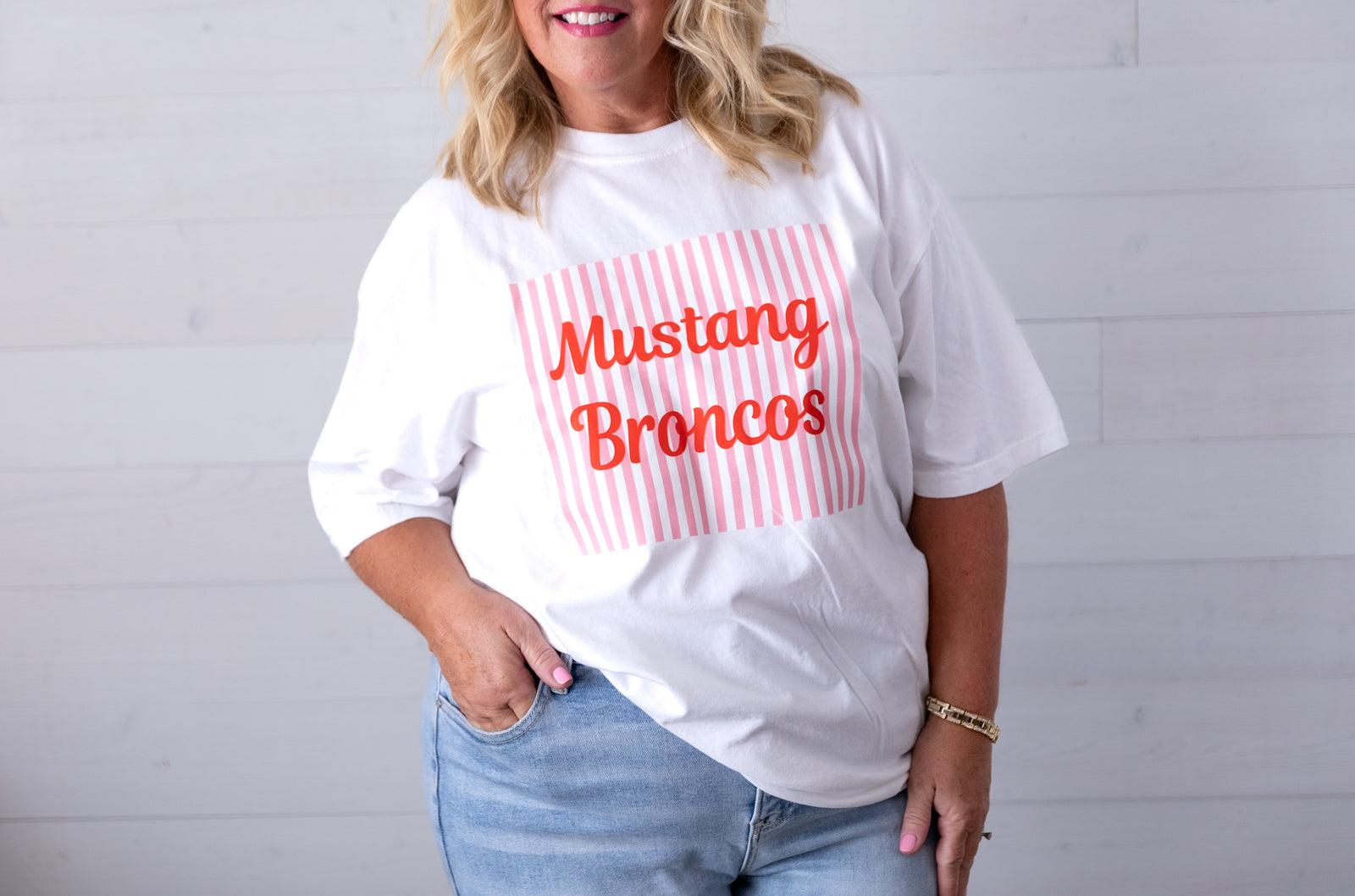 Striped Mustang Broncos Graphic Tee White