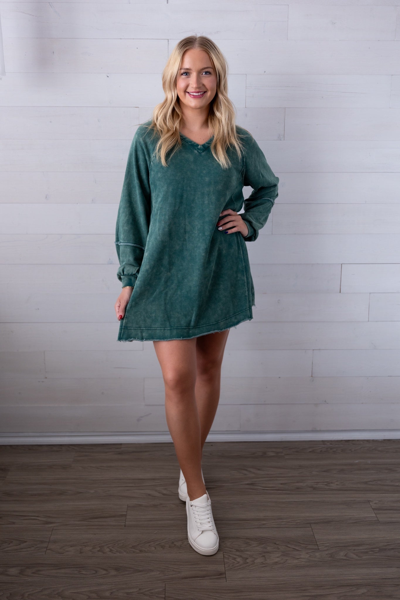 Mineral Washed A Line Mini Dress Forest