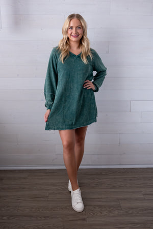 Mineral Washed A Line Mini Dress Forest