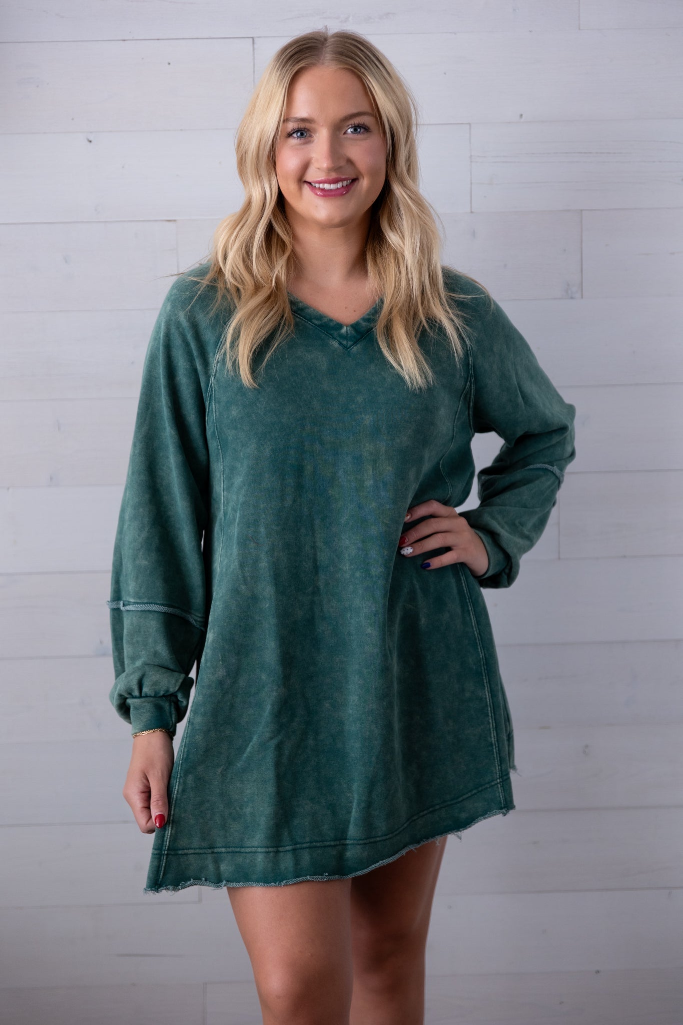 Mineral Washed A Line Mini Dress Forest