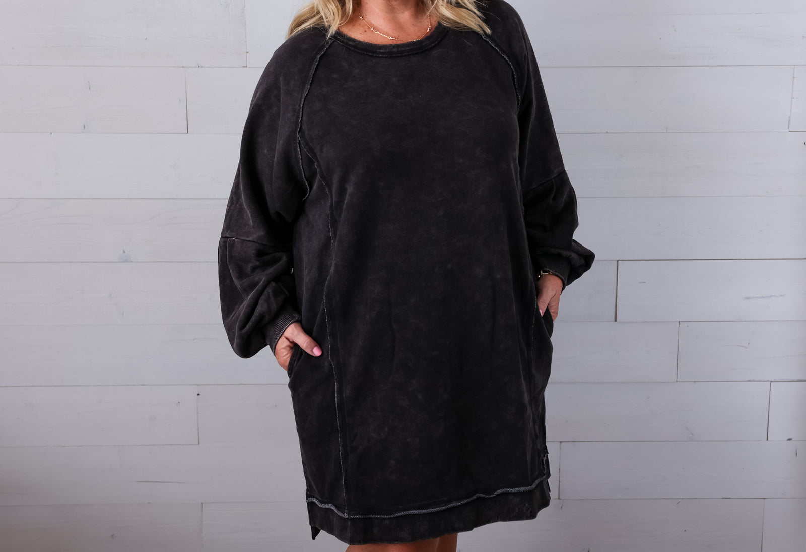 Mineral Washed Raglan Sleeve Casual Mini Dress Black