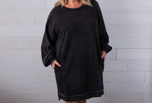 Mineral Washed Raglan Sleeve Casual Mini Dress Black