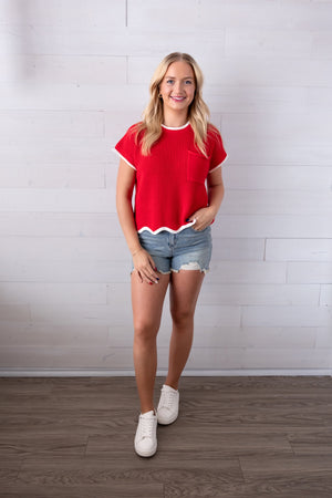 Drop Shoulder Short Sleeve Scallop Hem Sweater Red