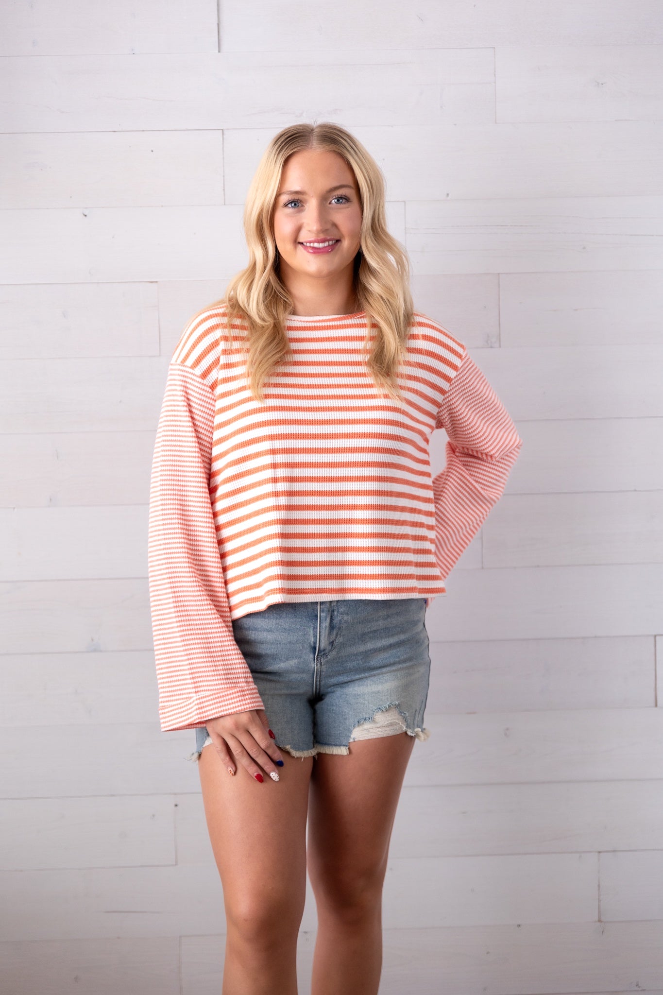 Long Wide Folder Sleeve 2 Stripe Knit Top Coral