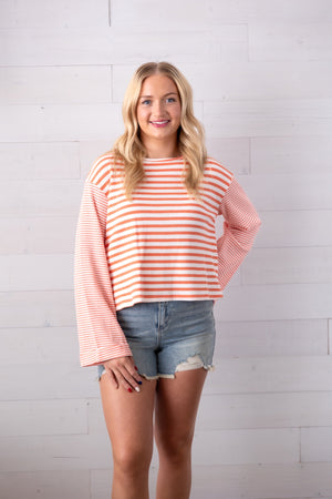 Long Wide Folder Sleeve 2 Stripe Knit Top Coral