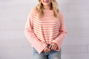 Long Wide Folder Sleeve 2 Stripe Knit Top Coral