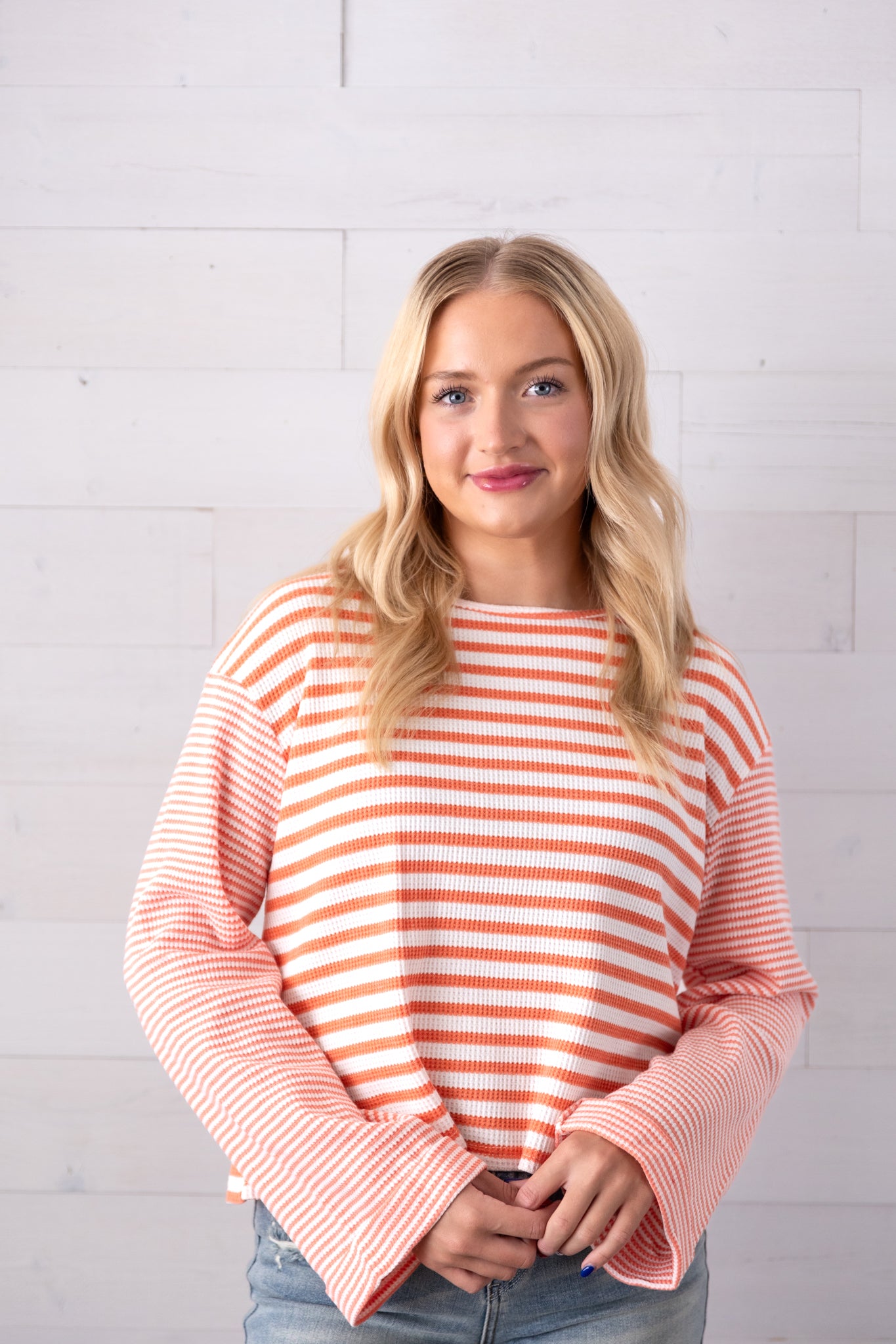 Long Wide Folder Sleeve 2 Stripe Knit Top Coral