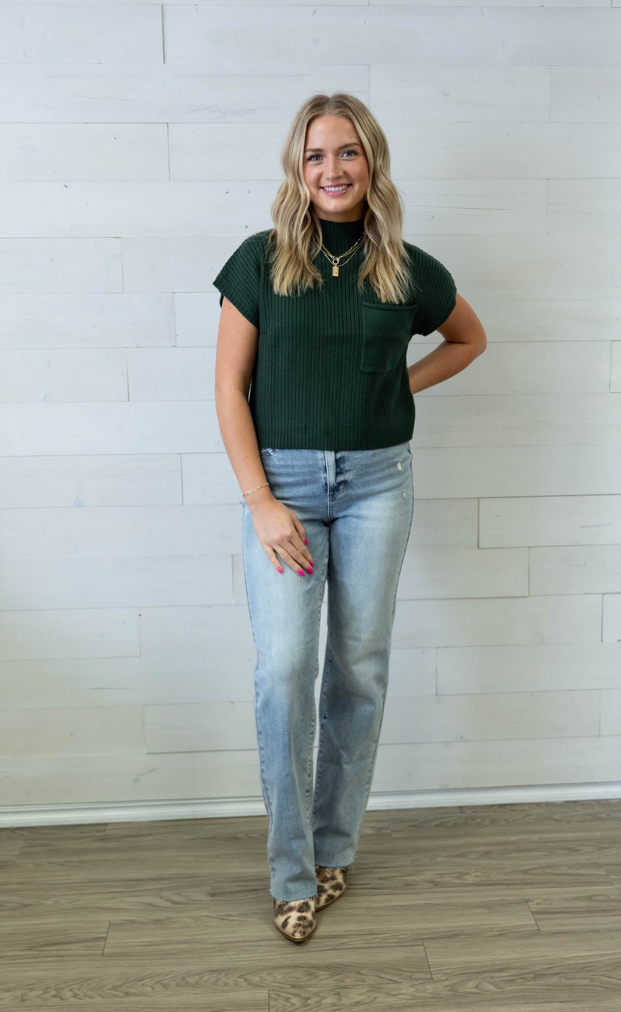 Mock Neck Pocket SS Sweater Green