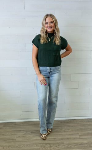 Mock Neck Pocket SS Sweater Green