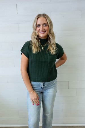 Mock Neck Pocket SS Sweater Green