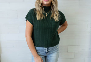Mock Neck Pocket SS Sweater Green