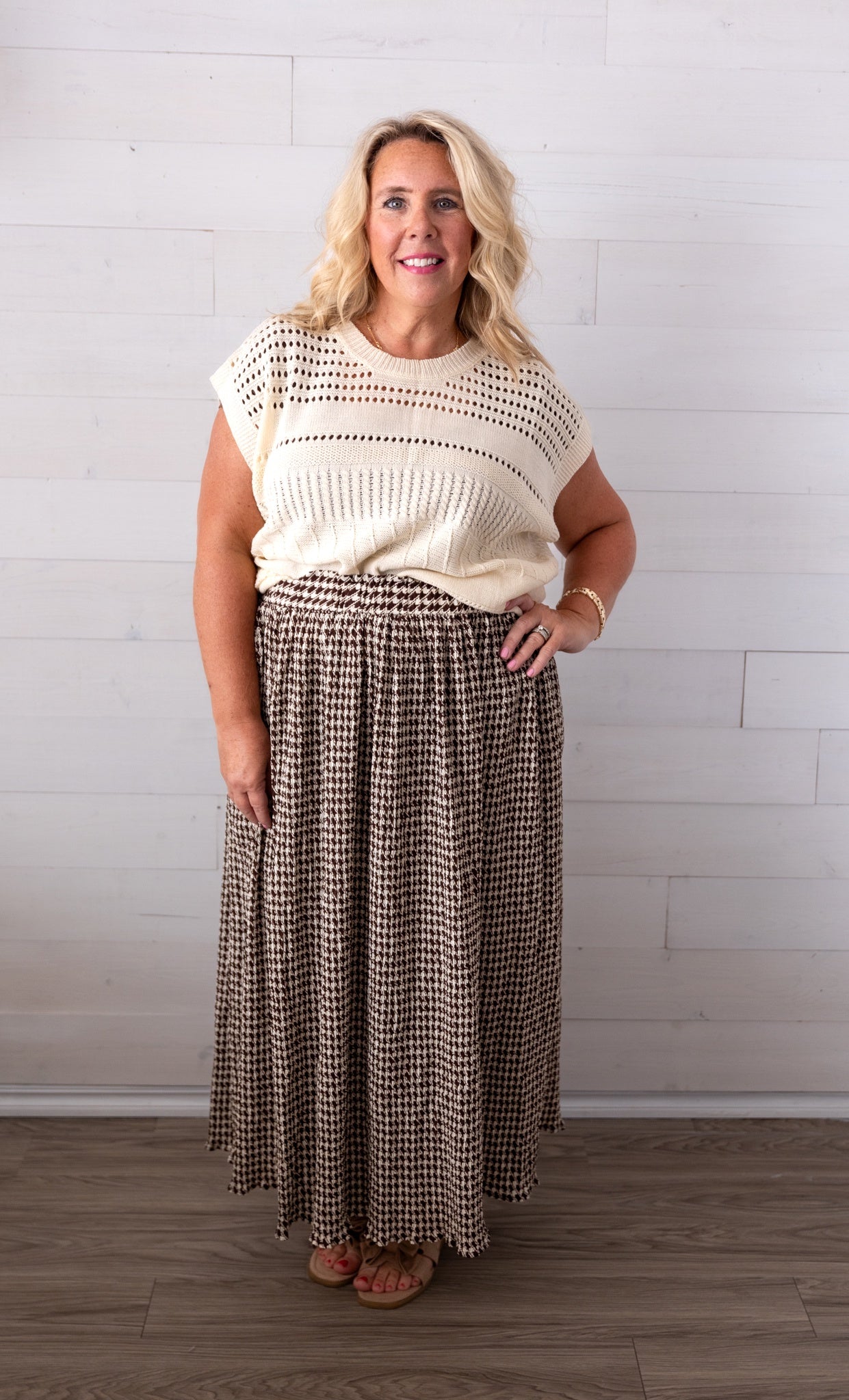 Urquhart Check Print Pleated Midi Skirt Chocolate