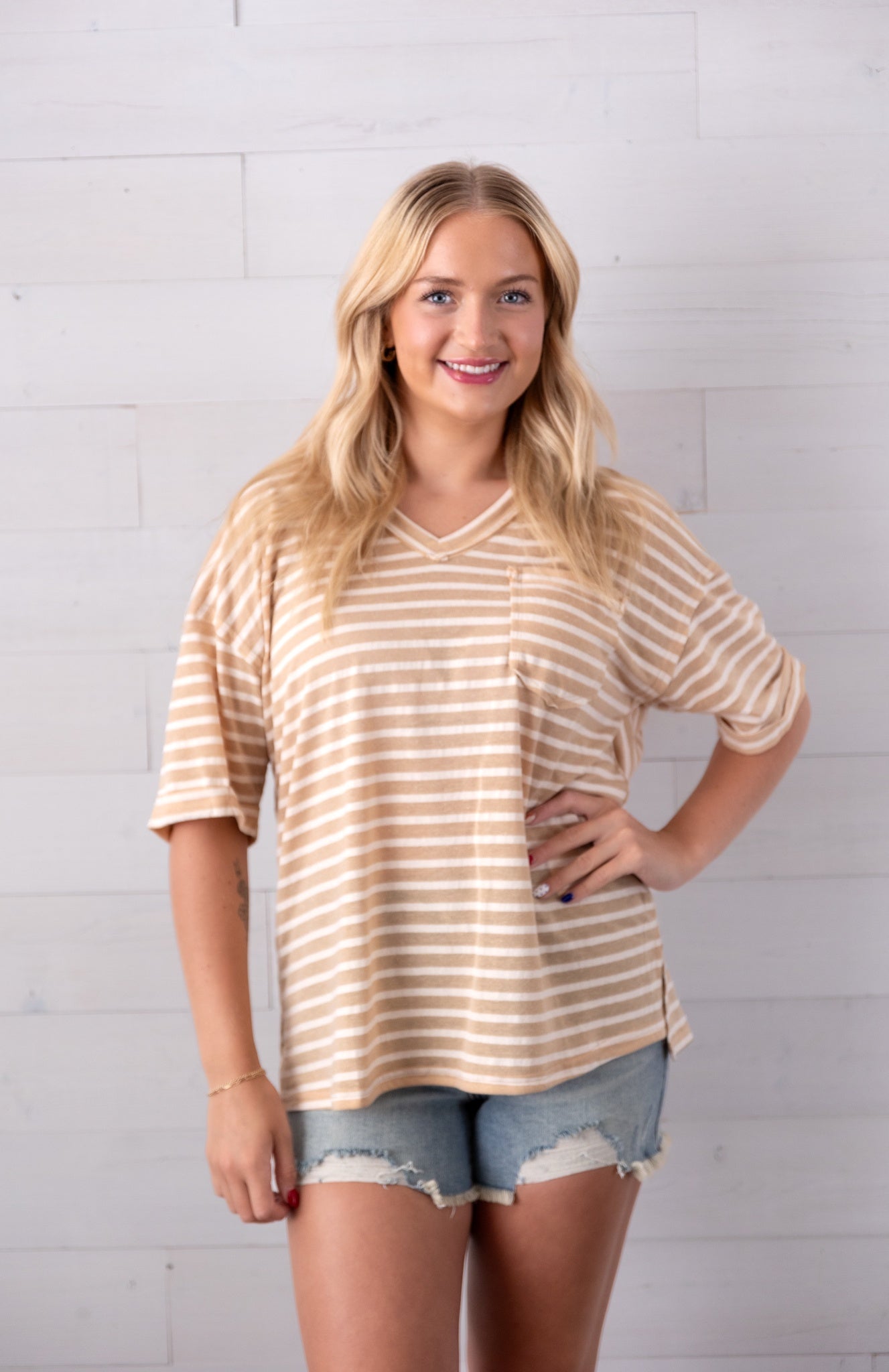 Oversized Casual Stripe V-Neck Knit Top Beige