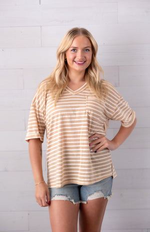 Oversized Casual Stripe V-Neck Knit Top Beige